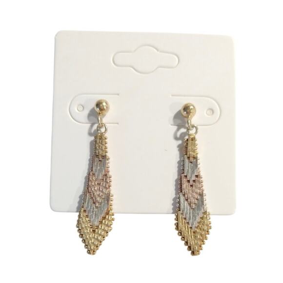 14k yellow rose gold Sterling Silver 925 Dangle Drop Earrings Tri Tone Posts - Picture 2 of 7